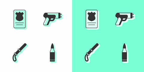 Sticker - Set Bullet, Police badge with id case, rubber baton and electric shocker icon. Vector