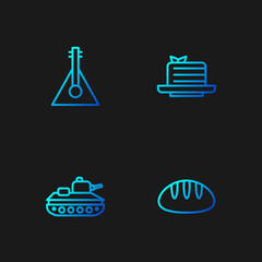 Sticker - Set line Bread loaf, Military tank, Balalaika and Medovik. Gradient color icons. Vector