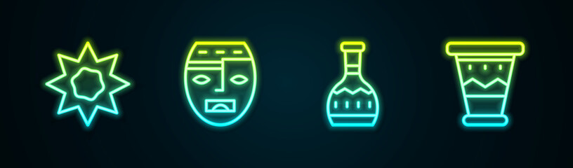 Wall Mural - Set line Sun, Aztec mask, Tequila bottle and Mexican drum. Glowing neon icon. Vector