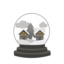 Glass Snow Globe And Snow-covered House With Lights In Windows In The Night. Vector Seasonal Illustration. Decorative Holiday Composition For New Year And Christmas. 