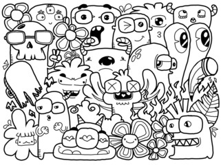 Hand- drawm illustrations, monsters doodle, Cartoon crownd doodle handdrawn pattern, Doodle style.