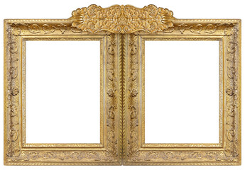 Double golden frame (diptych) for paintings, mirrors or photos isolated on white background. Design element with clipping path