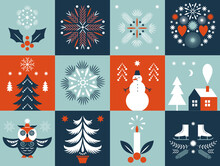 Set Of  Square Christmas Illustrations, Design Elements. Vector Collection Of Xmas Elements