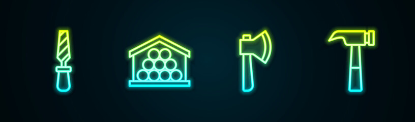 Set line Rasp metal file, Wooden logs, axe and Hammer. Glowing neon icon. Vector