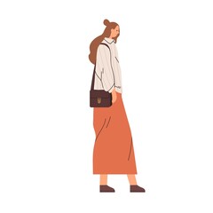 Wall Mural - Woman walking, wearing shoulder bag and casual clothes. Profile of person going in modern loose skirt and shirt outdoors. Young female. Flat vector illustration isolated on white background