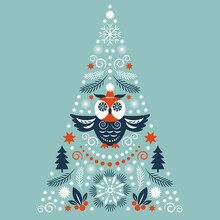 Christmas Card. Stylized Christmas Tree With Snowflakes