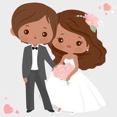 Happy black wedding couple, a beautiful bride and a handsome groom. Vector Illustration