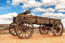 Old Fashioned Horse-drawn Wagon, Pioneer Style. Vintage Americana Buggy As Used In The Wild West, California