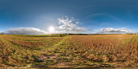 Wall Mural - hdri panorama 360 view among farming fields with sunset clouds in equirectangular spherical projection, ready for VR AR virtual reality content