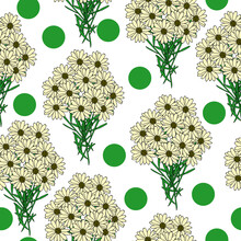 Seamless Pattern Of Bouquets Of Daisies With And Green Dots On A White Background