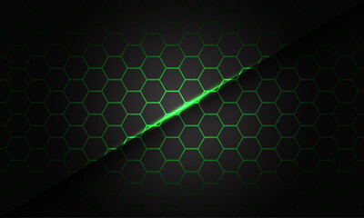 Abstract green hexagon mesh line light slash shadow on grey design modern futuristic technology background vector