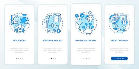 Business model essentials blue onboarding mobile app page screen. Company finance walkthrough 4 steps graphic instructions with concepts. UI, UX, GUI vector template with linear color illustrations