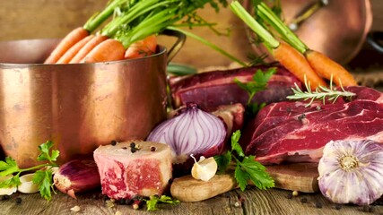 Wall Mural - casserole with vegetables and beef for broth or soup