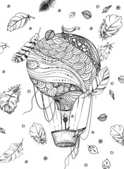 Hand drawn sketch black and white coloring page vertical of vintage air balloon, feather. Vector illustration. Engraved style.