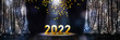 curtain up for golden number 2022, confetti rain and spot light on stage at night, festive concept for award ceremony or winners party or new year's eve