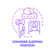 Consider sleeping position purple gradient concept icon. Choosing mattress abstract idea thin line illustration. Sleepers pose. Spine health. Comfortable bed. Vector isolated outline color drawing