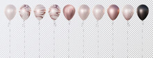 Vector Set Of 10 3d Realistic Balloons. Transparent, With Abstract Rose Golden Texture, With Rose Gold Confetti Circles, Rose Golden, Black With A Rose Gold Tinge. Good For Holiday Event Designs.