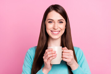 Sticker - Portrait of attractive cheerful girl drinking beverage good mood caffeine isolated over pink pastel color background