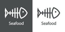 Logotipo Restaurante. Banner Con Texto Seafood Y Silueta De Espinas De Pescado Con Líneas En Fondo Gris Y Fondo Blanco