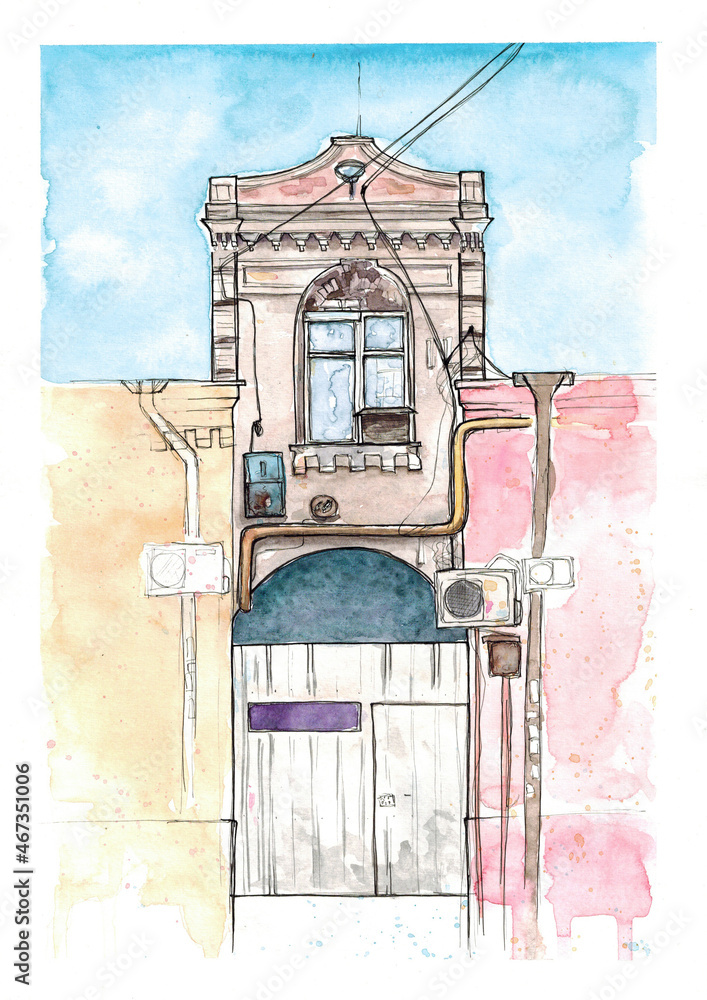 Watercolor hand drawn sketch illustration of house with an arch and a gate to the courtyard art