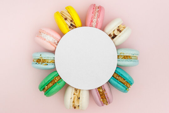 homemade macaroon from natural products on a blue background with a place for text