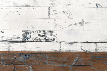 Wall Mural - Abstract wood texture. Vintage textured background of old dirty wooden planks with peeling paint. Brown and white paint on old wooden fence