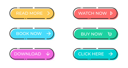 Set of vector modern trendy flat outline buttons. Different colors of main shapes and icons with black stroke frames.