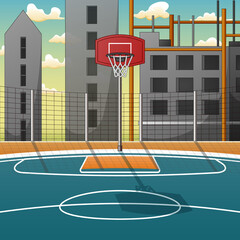 Cartoon background of basketball court in city