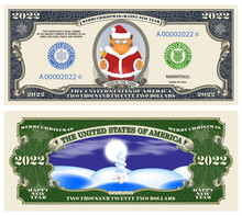 Holiday Banknotes In The Style Of US Paper Money. Merry Christmas And Happy New Year. 2022 Dollars. Red Cat Dressed As Santa Claus And A Night Landscape With A Snow-covered Fir Tree With Toys