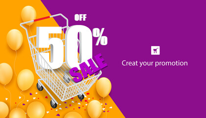 Wall Mural - 50% off and sale text on shopping cart and all objects on orange and purple background and there are yellow balloons all around for advertising promotion sale concept design,vector 3d 