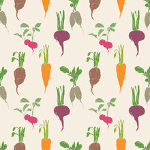 Seamless Pattern Of Various Drawn Ripe Root Vegetables
