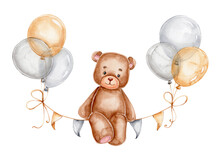 Teddy Bear Sitting On Garland And Balloons; Watercolor Hand Drawn Illustration; With White Isolated Background
