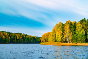 Wall Mural - panoramic view of the bright colorful trees along the bank of the kama river russia perm krai. autum