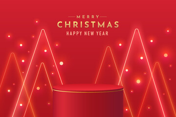 Red and Gold luxury geometric stand podium with illuminate triangle and glitter. Vector abstract studio room with 3D platform design. Minimal merry christmas scene for Promotion display, Showcase.