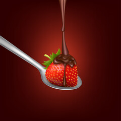 Wall Mural - Delicious fresh red strawberry with liquid chocolate lies on metal spoon. Dessert food appetizer isolated on solid background. Realistic 3D vector illustration.