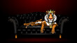 Tiger with a crown on its head lies on the sofa. Symbol of 2022 on the Chinese calendar.