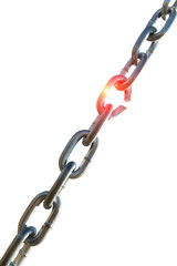 Chain is red hot from tension at point of rupture.On white background. Weak link.