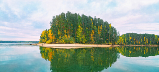 Wall Mural - panoramic view of the bright colorful trees along the bank of the kama river russia perm krai. autum