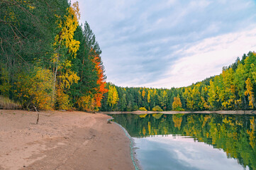 Wall Mural - panoramic view of the bright colorful trees along the bank of the kama river russia perm krai. autum
