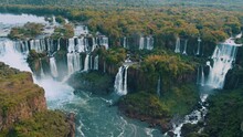 Beautiful Aerial View Of The Iguaçu Falls From A Helicopter, One Of The Seven Natural Wonders Of The World. Foz Do Iguaçu, Paraná, Brazil. 4K.