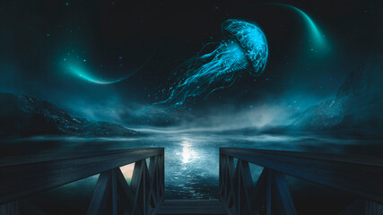Night fantasy natural landscape with mountains and ocean. Night sky, stars and silhouettes of neon jellyfish. Dark futuristic landscape in blue neon light. 3D illustration. 