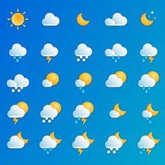weather modern icons set. forecast weather app symbols. sun, rain, thunder storm, snow, cloud, night