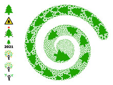 Fir Tree Icon Spiral Mosaic. Fir Tree Symbols Are Organized Into Cycle Mosaic Structure. Object Cycle Organized From Randomly Placed Fir Tree Items. Some Other Icons Are Attached.