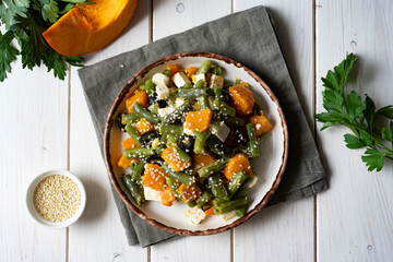 Wall Mural - Dietary snack for the family: salad with pumpkin, beans and cheese in a spicy salad filling on a white plate on a white table. Top view