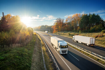 Wall Mural - Three white trucks driving on the asphalt highway in autumn forested landscape at sunset