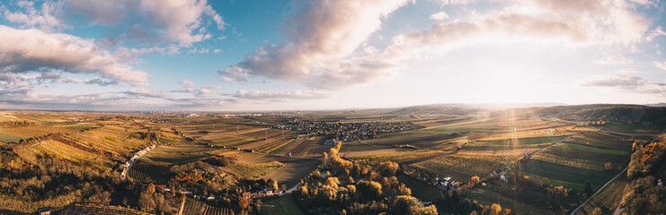 Aerial drone view of colorful vineyards fields in the Austrian Weinviertel region