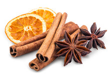 Cinnamon Sticks, Anise Stars, Dried Citrus Orange Slice. Aromatic Spices For Drink, Cooking Or Baking. Isolated White Background. Macro High Resolution Photo. Professional Food Photography. 