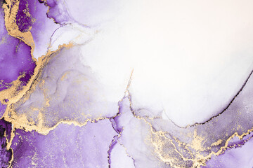 Wall Mural - Purple gold abstract background of marble liquid ink art painting on paper . Image of original artwork watercolor alcohol ink paint on high quality paper texture .
