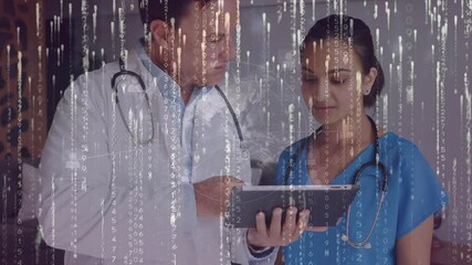 Poster - Animation of binary coding data processing over male and female doctor using tablet