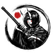 A beautiful young Japanese demoness with thin horns on her forehead, black eyes and a square hairstyle pulls out her huge katana from the scabbard, on her cheek tattoos. Circled in a blotchy ink circl